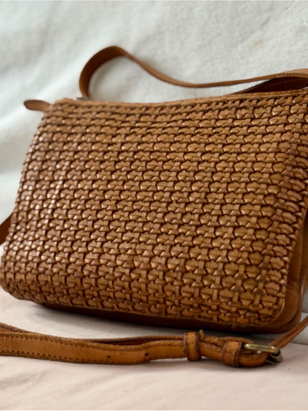 Vilenca Holland Cognac Woven Leather Crossbody Organizer Bag Boho Anthropologie